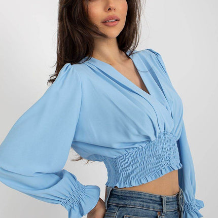 Long Sleeve Blouse with Envelope Neckline & Elastic Hem - MimiStylez