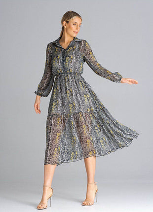 Flared Long Sleeve Midi Dress with Button Front, Collar & Ruffle Hem - MimiStylez