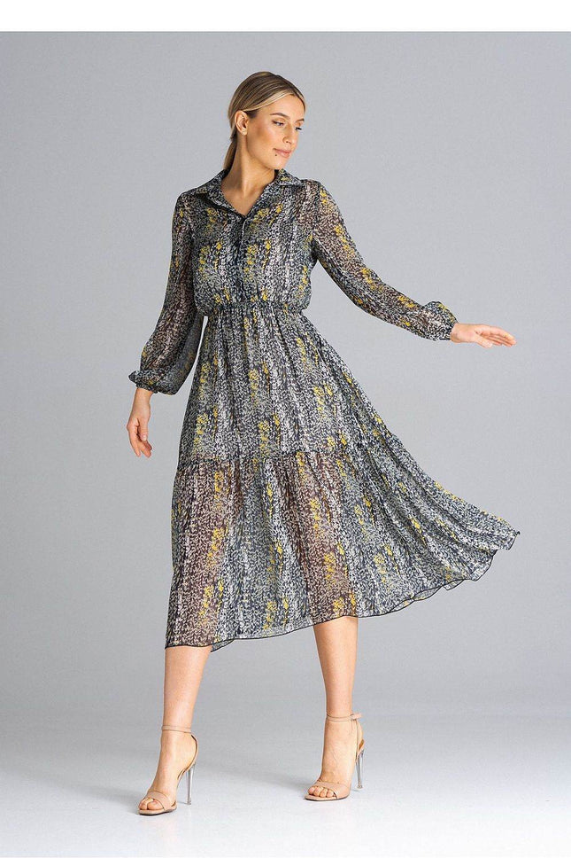 Flared Long Sleeve Midi Dress with Button Front, Collar & Ruffle Hem - MimiStylez