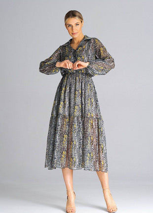 Flared Long Sleeve Midi Dress with Button Front, Collar & Ruffle Hem - MimiStylez