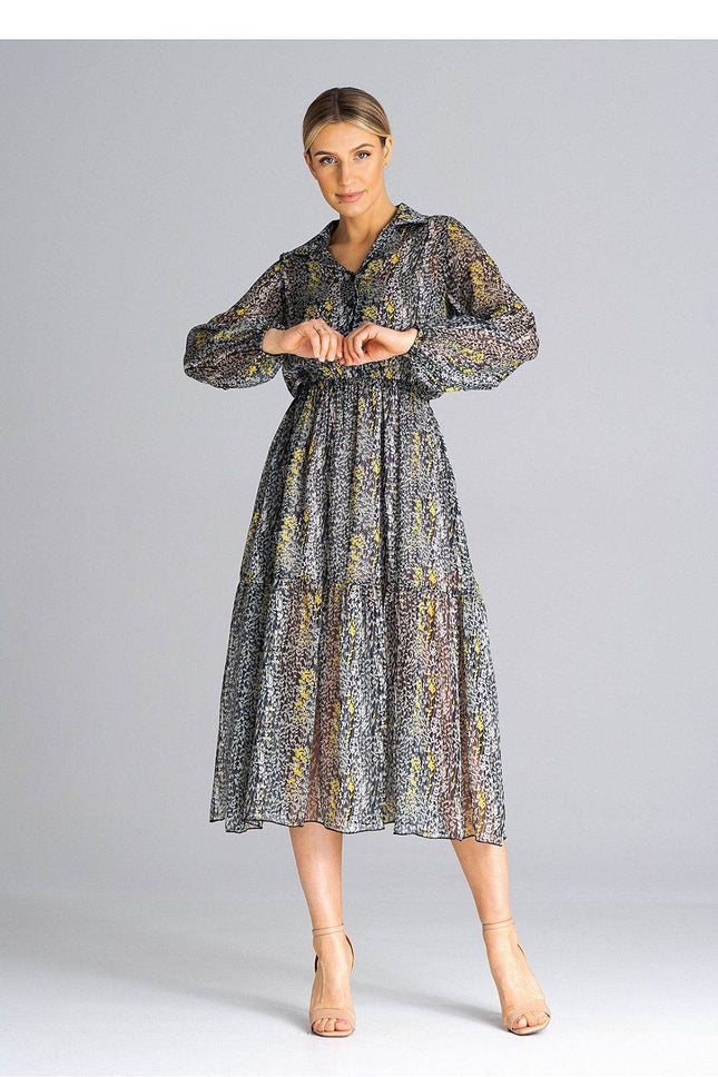 Flared Long Sleeve Midi Dress with Button Front, Collar & Ruffle Hem - MimiStylez