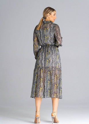 Flared Long Sleeve Midi Dress with Button Front, Collar & Ruffle Hem - MimiStylez