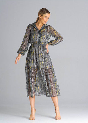 Flared Long Sleeve Midi Dress with Button Front, Collar & Ruffle Hem - MimiStylez