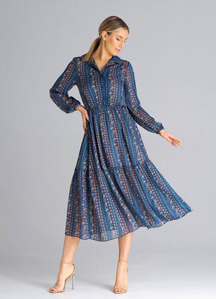 Flared Long Sleeve Midi Dress with Button Front, Collar & Ruffle Hem - MimiStylez