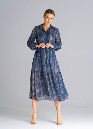 Flared Long Sleeve Midi Dress with Button Front, Collar & Ruffle Hem - MimiStylez