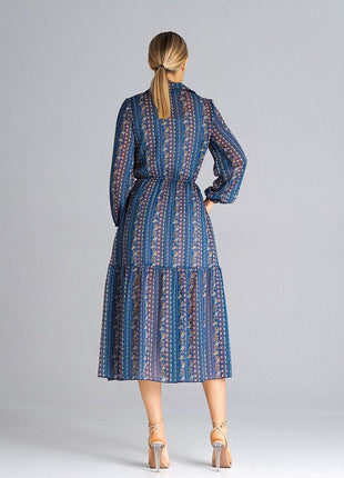 Flared Long Sleeve Midi Dress with Button Front, Collar & Ruffle Hem - MimiStylez