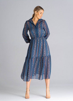 Flared Long Sleeve Midi Dress with Button Front, Collar & Ruffle Hem - MimiStylez