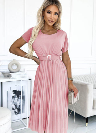 Pleated Chiffon Dress with Round Neckline & Wide Belt - MimiStylez
