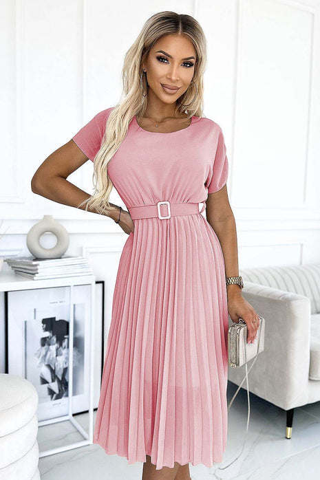 Pleated Chiffon Dress with Round Neckline & Wide Belt - MimiStylez