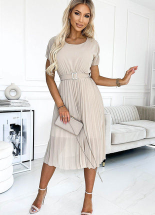 Pleated Chiffon Dress with Round Neckline & Wide Belt - MimiStylez