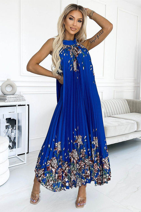 Cornflower Satin Pleated Sleeveless Maxi Dress with Floral Pattern & Belt - MimiStylez