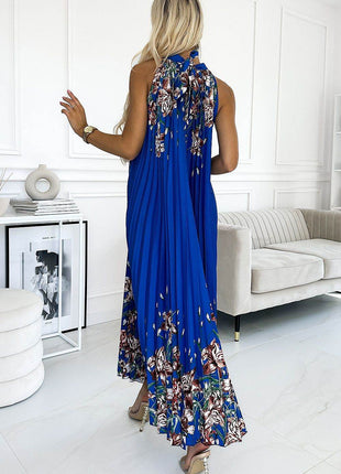 Cornflower Satin Pleated Sleeveless Maxi Dress with Floral Pattern & Belt - MimiStylez