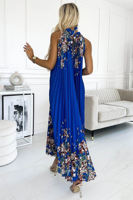 Cornflower Satin Pleated Sleeveless Maxi Dress with Floral Pattern & Belt - MimiStylez