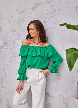 Spanish Ruffle Blouse with Elastic Neckline & Wide Sleeves – Off-Shoulder Comfort - MimiStylez
