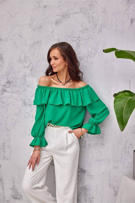 Spanish Ruffle Blouse with Elastic Neckline & Wide Sleeves – Off-Shoulder Comfort - MimiStylez