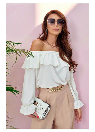 Spanish Ruffle Blouse with Elastic Neckline & Wide Sleeves – Off-Shoulder Comfort - MimiStylez