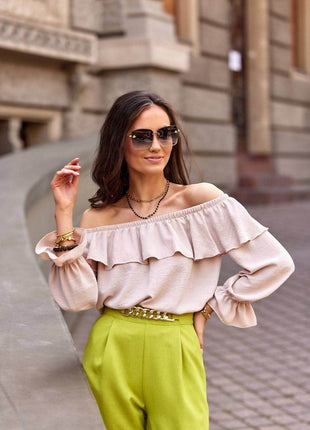 Spanish Ruffle Blouse with Elastic Neckline & Wide Sleeves – Off-Shoulder Comfort - MimiStylez