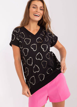 Loose-Fit Cotton Blouse with Heart Neckline and Glitter Print - MimiStylez
