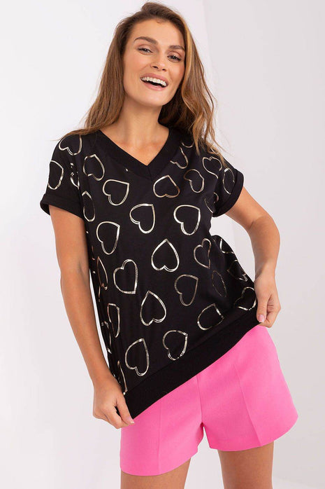 Loose-Fit Cotton Blouse with Heart Neckline and Glitter Print - MimiStylez