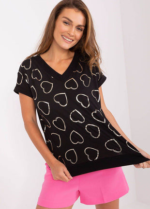 Loose-Fit Cotton Blouse with Heart Neckline and Glitter Print - MimiStylez