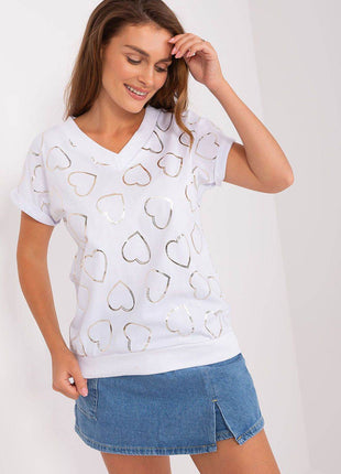 Loose-Fit Cotton Blouse with Heart Neckline and Glitter Print - MimiStylez