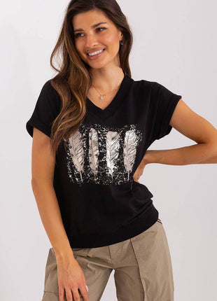 Cotton Blouse with Short Sleeves and Front Print - MimiStylez