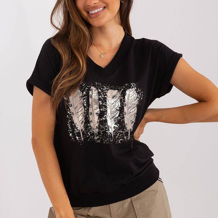 Cotton Blouse with Short Sleeves and Front Print - MimiStylez