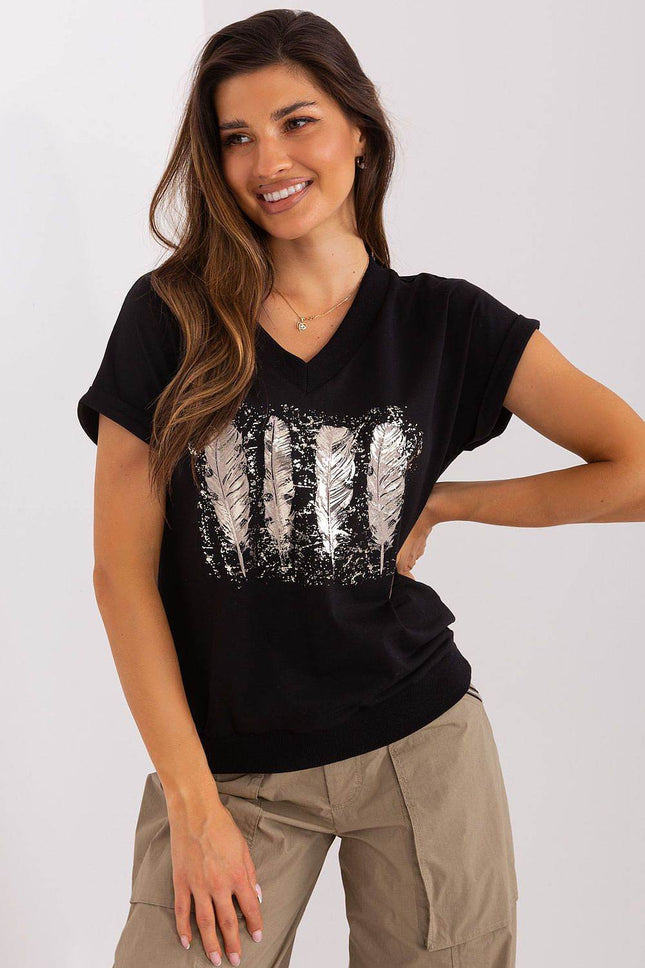 Cotton Blouse with Short Sleeves and Front Print - MimiStylez
