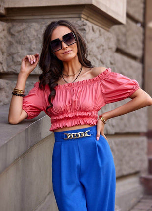 Spanish-Cut Short Blouse with Decorative Creases & Ruffles - MimiStylez