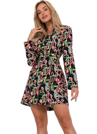 Collared Jacket Long Sleeve Dress with Covered Buttons - MimiStylez