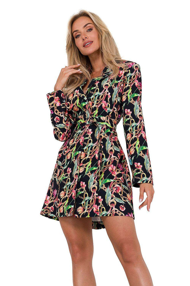 Collared Jacket Long Sleeve Dress with Covered Buttons - MimiStylez
