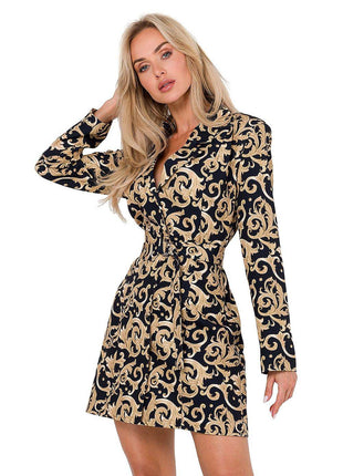 Collared Jacket Long Sleeve Dress with Covered Buttons - MimiStylez