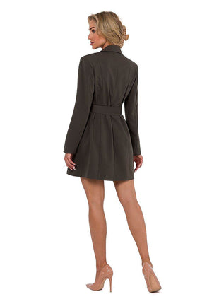 Collared Jacket Dress with Covered Buttons, Long Sleeves & Matching Belt - MimiStylez