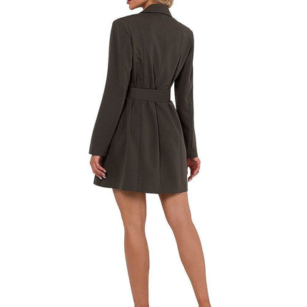 Collared Jacket Dress with Covered Buttons, Long Sleeves & Matching Belt - MimiStylez