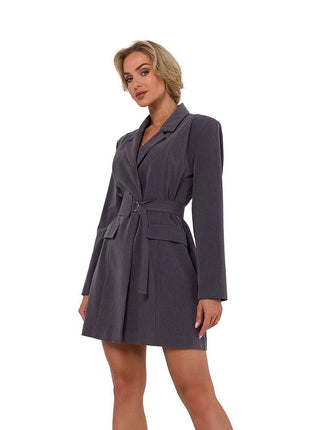 Collared Jacket Dress with Covered Buttons, Long Sleeves & Matching Belt - MimiStylez
