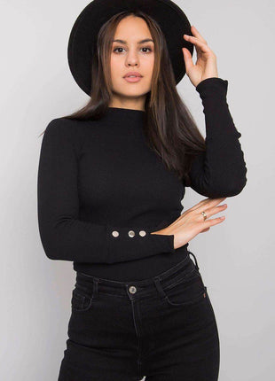 Fitted Ribbed Cotton Blouse with Decorative Buttons and Half-Turtleneck - MimiStylez