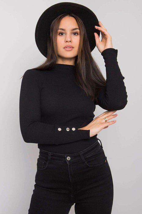 Fitted Ribbed Cotton Blouse with Decorative Buttons and Half-Turtleneck - MimiStylez