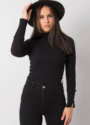 Fitted Ribbed Cotton Blouse with Decorative Buttons and Half-Turtleneck - MimiStylez