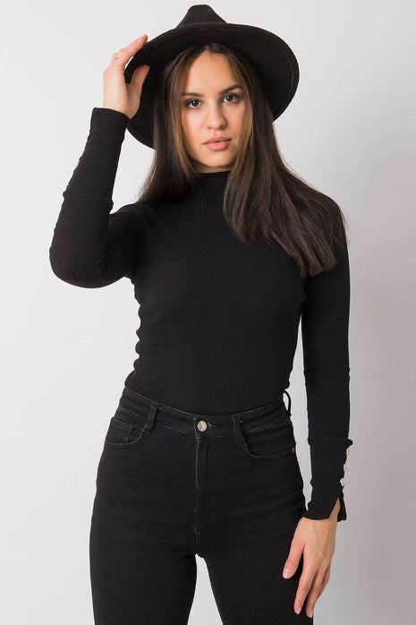 Fitted Ribbed Cotton Blouse with Decorative Buttons and Half-Turtleneck - MimiStylez