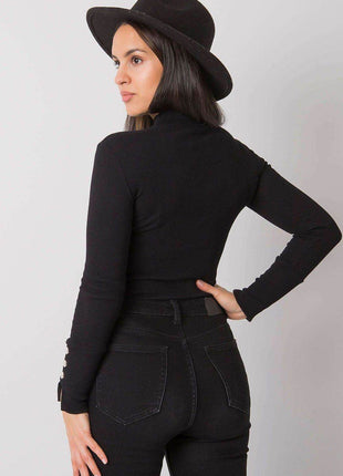 Fitted Ribbed Cotton Blouse with Decorative Buttons and Half-Turtleneck - MimiStylez