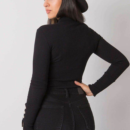 Fitted Ribbed Cotton Blouse with Decorative Buttons and Half-Turtleneck - MimiStylez