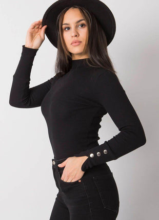 Fitted Ribbed Cotton Blouse with Decorative Buttons and Half-Turtleneck - MimiStylez