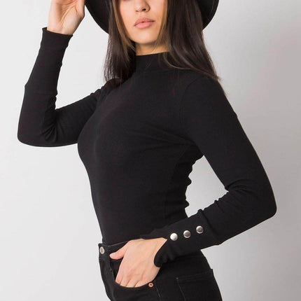 Fitted Ribbed Cotton Blouse with Decorative Buttons and Half-Turtleneck - MimiStylez