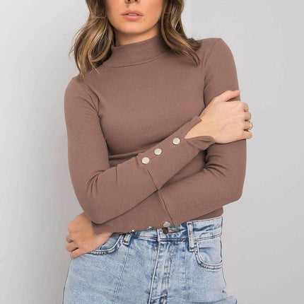 Fitted Ribbed Cotton Blouse with Decorative Buttons and Half-Turtleneck - MimiStylez