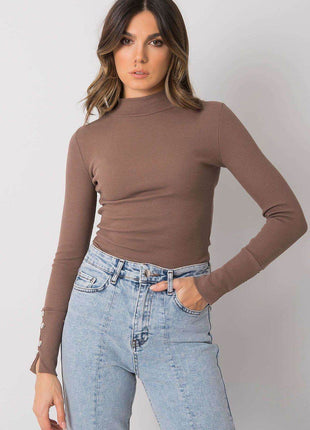 Fitted Ribbed Cotton Blouse with Decorative Buttons and Half-Turtleneck - MimiStylez