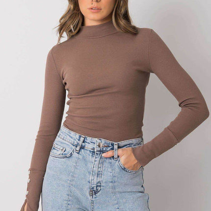 Fitted Ribbed Cotton Blouse with Decorative Buttons and Half-Turtleneck - MimiStylez