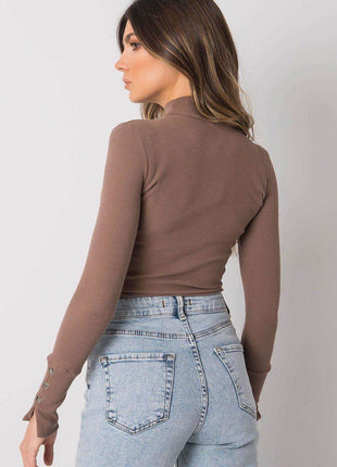 Fitted Ribbed Cotton Blouse with Decorative Buttons and Half-Turtleneck - MimiStylez