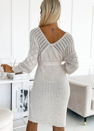 Beige Openwork Sweater Dress with Long Sleeves & Binding - MimiStylez