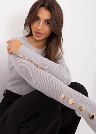 Ribbed Viscose Sweater with Button Sleeve Detail - MimiStylez