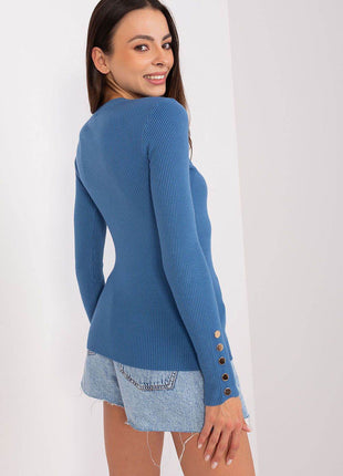 Ribbed Viscose Sweater with Button Sleeve Detail - MimiStylez